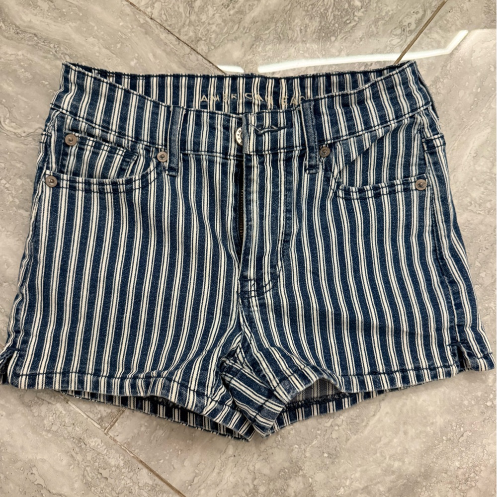 American Eagle Striped Jean Shorts Blue White
